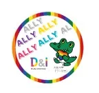 複数の色で書かれた「ALLY」の文字、大阪大学D＆Iセンターのロゴ、ワニ博士の画像が円の中におさまっているイラスト